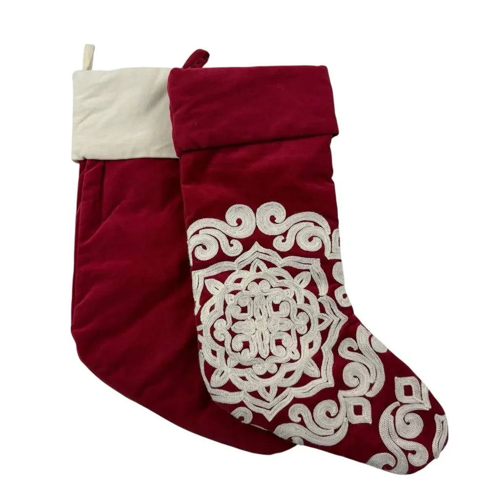 Lot of 2 Pottery Barn Red Velvet Christmas Stocking Embroidered Crewel Snowflake